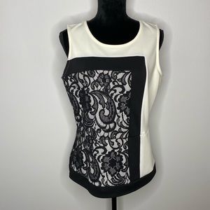 Women’s Wothington L White Sleeveless Shirt w Black Lace Trim Block Style